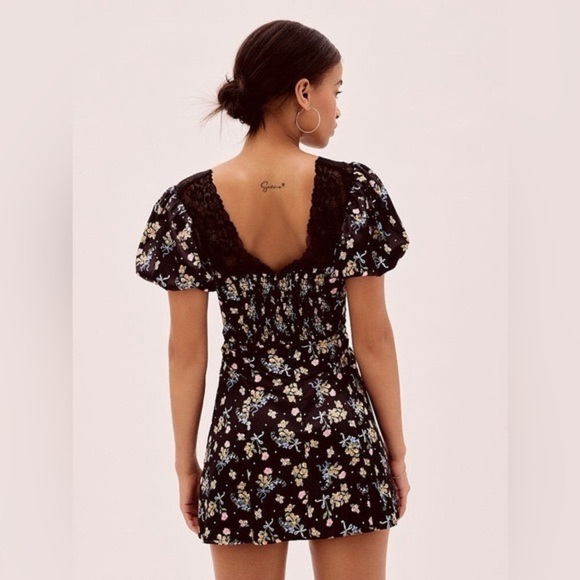 For Love & Lemons Floral Satin Mini Dress XS Lace Puff Sleeve Retail $239 - Picture 5 of 15